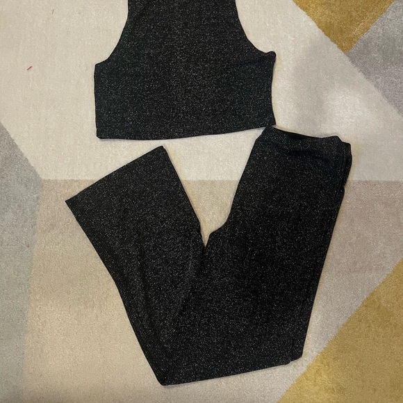 Reformation Griffith Two Piece Metallic Set black Silver XL crop top flare pants - Picture 2 of 13